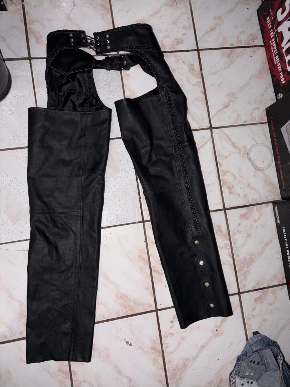 unisex black leather motorcycle biker chaps size L